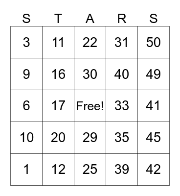 STARS Bingo Card