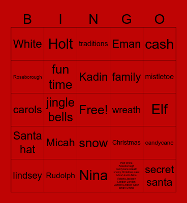 The Roseborough  , White , Holt , Christmas Bingo Card