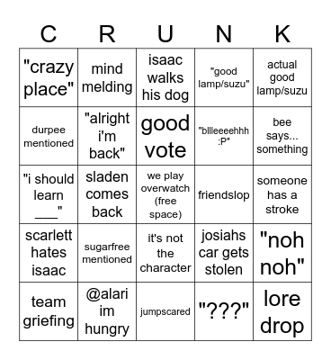 crunk on a tuesday Bingo Card