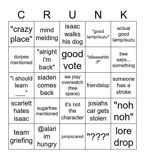 crunk on a tuesday Bingo Card