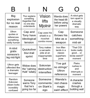 Avengers: Age of Ultron Bingo Card
