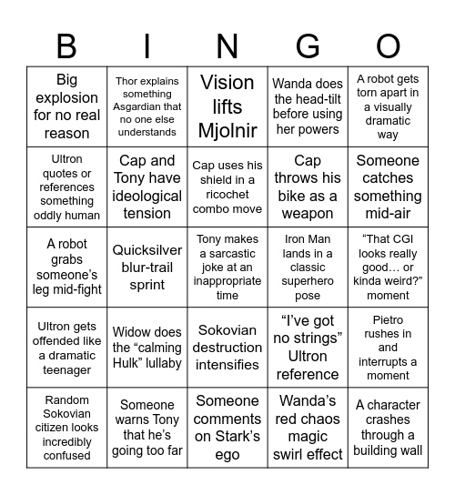 Avengers: Age of Ultron Bingo Card