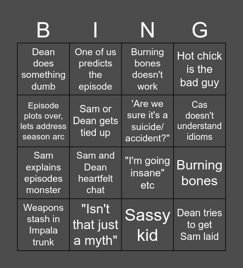 Supernatural 5 Bingo Card