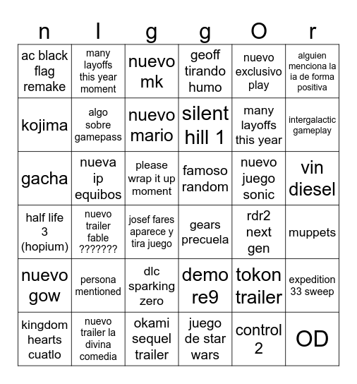 bingo de los game awards waos Bingo Card