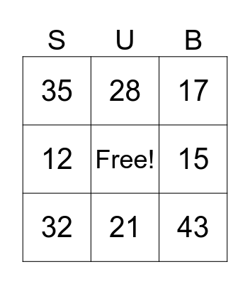 Small Group Subtraction Bingo Card