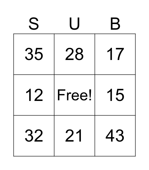 Small Group Subtraction Bingo Card