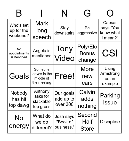 Friday Meeting Bingo Card