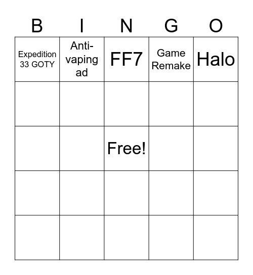 Game Awards 2025 Nominees Bingo Card