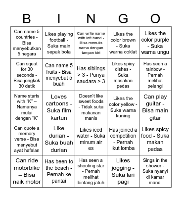 Let's get to know / Kenalan Yuk Bingo Card