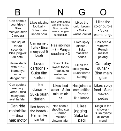 Let's get to know / Kenalan Yuk Bingo Card