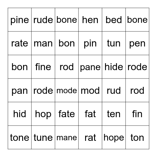Long / Short Vowels Bingo Card