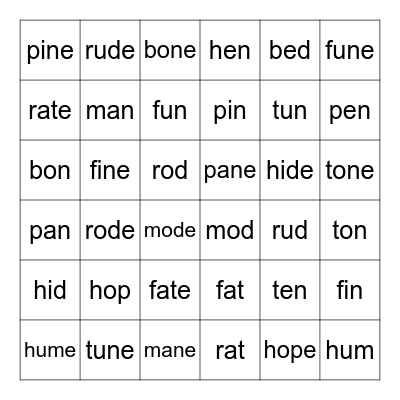 Long / Short Vowels Bingo Card