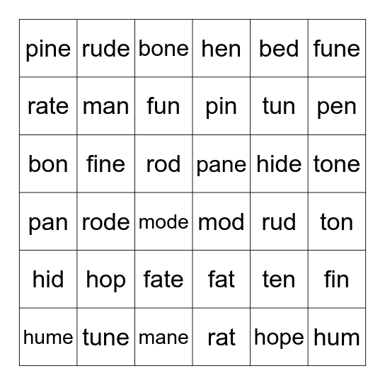 Long / Short Vowels Bingo Card