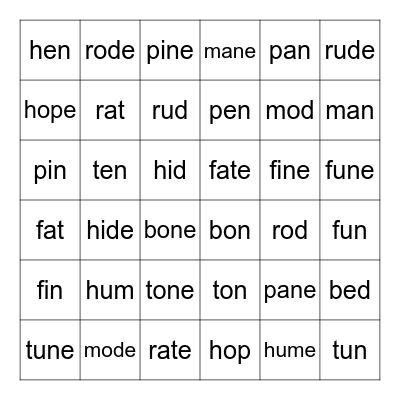 Long / Short Vowels Bingo Card