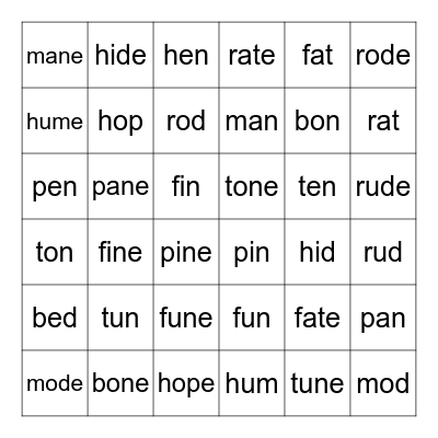 Long / Short Vowels Bingo Card