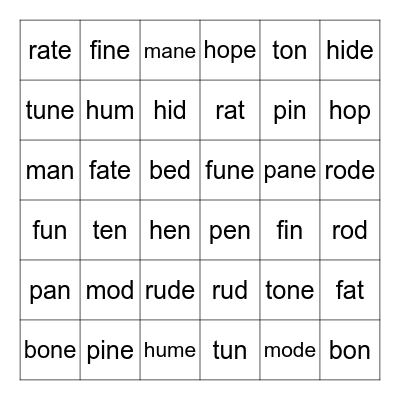 Long / Short Vowels Bingo Card