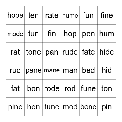 Long / Short Vowels Bingo Card