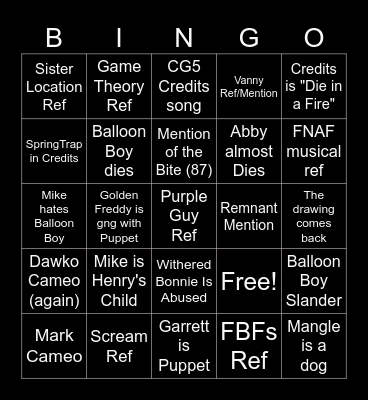 FNAF 2 Bingo Card