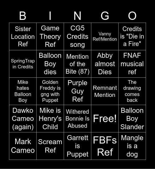 FNAF 2 Bingo Card