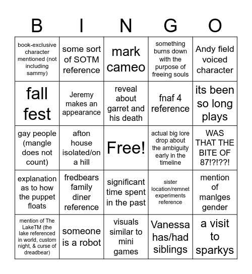 fnaf 2 movie Bingo Card