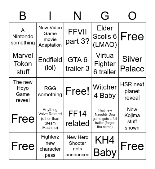 TGA Prediction Bingo Card