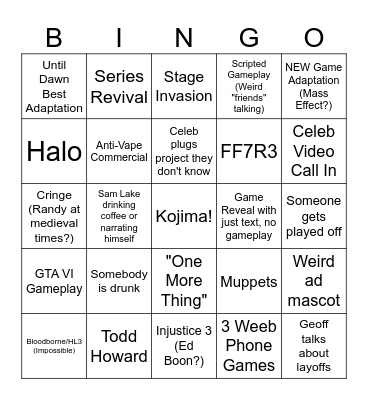 Game Awards 2025 Bingo Card