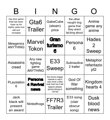 Game Awards 2025 Bingo Card