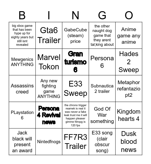 Game Awards 2025 Bingo Card