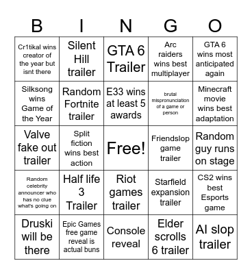 Game Awards Bingo Card Bingo Card
