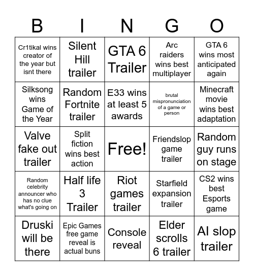 Game Awards Bingo Card Bingo Card