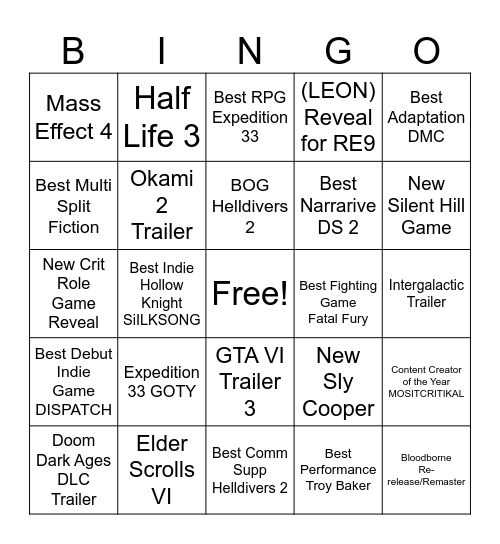 GOTY 2025 Bingo Card