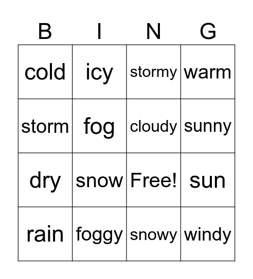 Weather Bingo Card