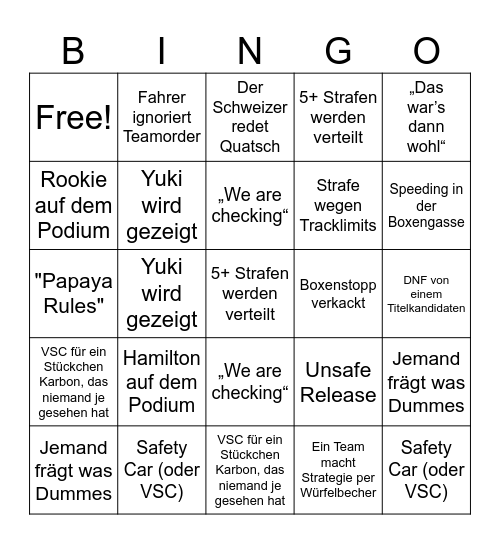 F1 Abu Dhabi Final 2025 Bingo Card