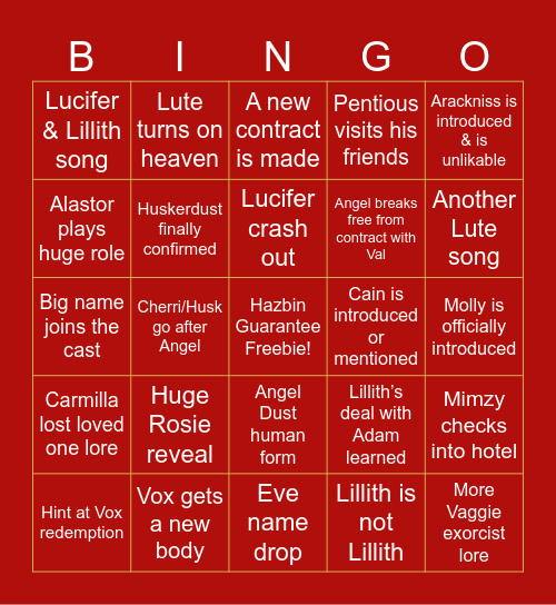 Hazbin Hotel S3 Bingo Card