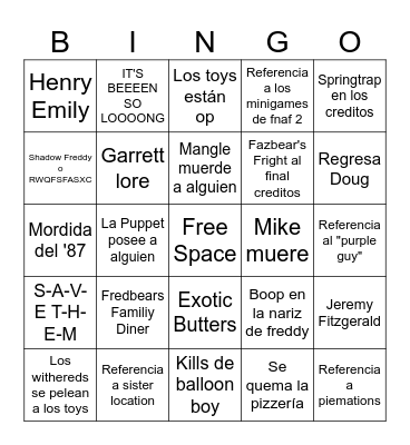 FNAF 2 MOVIE BINGO (español) Bingo Card