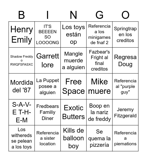 FNAF 2 MOVIE BINGO (español) Bingo Card