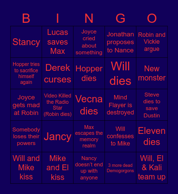 Stranger Things Bingo Card