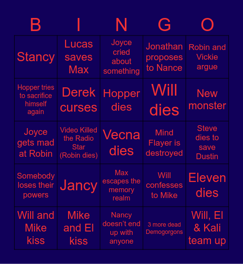 Stranger Things Bingo Card