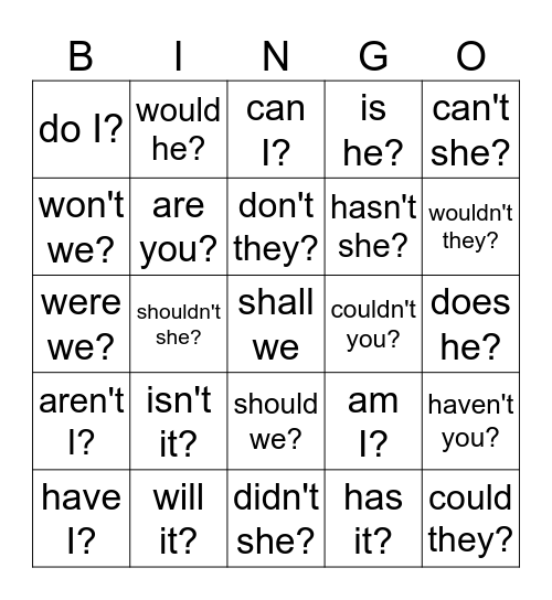 Tag Questions Bingo Card