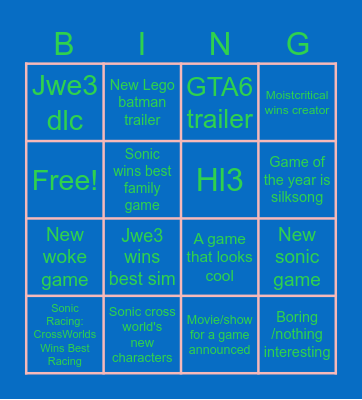 The game awards 2025 Bingo Card