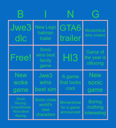 The game awards 2025 Bingo Card