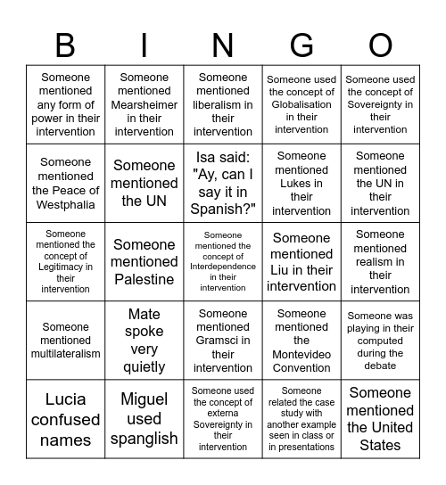 IMF and Argentina DEbate Bingo Card