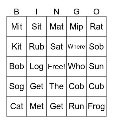 Short Vowel Bingo Card