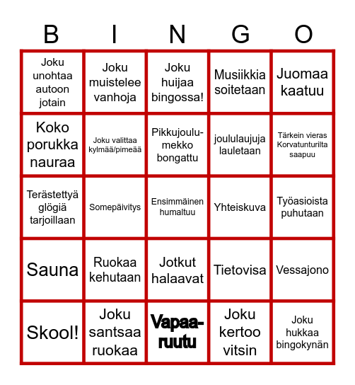 Pikkujoulu Bingo Card