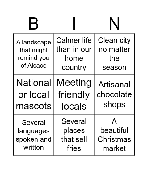 Bruges Expectations Bingo Card