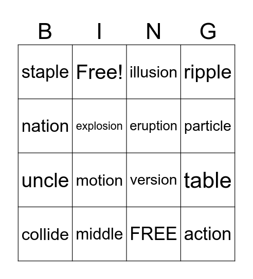 -le -tion -sion Bingo Card