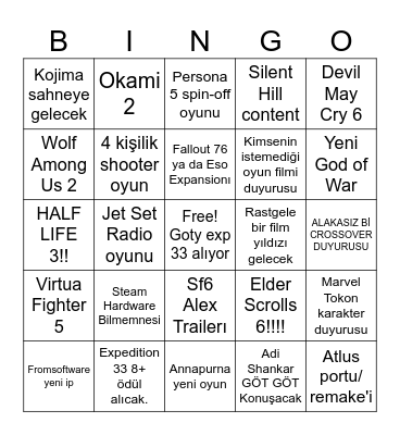 Game Awards Bingo Card