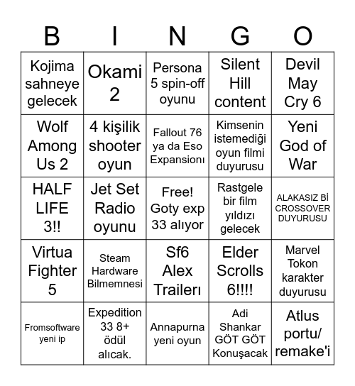 Game Awards Bingo Card