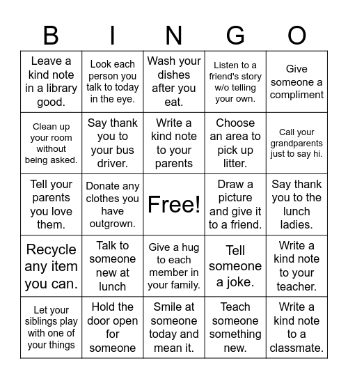 Caring and Kindness Bingo Card