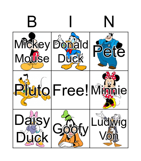 Disney Mick Mouse Club House Bingo Card